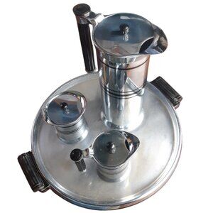 1934 Sunbeam Chrome Art Deco Coffee Carafe, Cream & Sugar 4 PieceSet Plus Tray